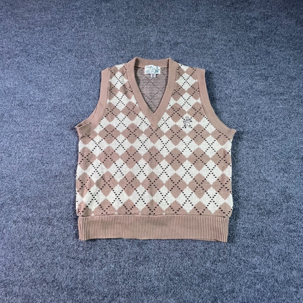 Vintage The T. Barry Knicker Vest Sweater Womens M Tan White Argyle Geometric